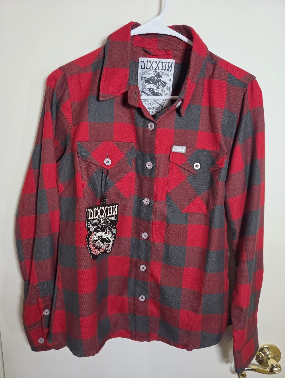 DIXXON Womens Red & Gray Buffalo Plaid Button-Up Shirt Biker Streetwear